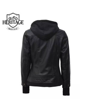 Women's Black Leather Bomber Jacket with Removable Hood