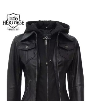 Women's Black Leather Bomber Jacket with Removable Hood