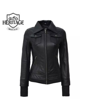 Women's Black Leather Bomber Jacket with Removable Hood