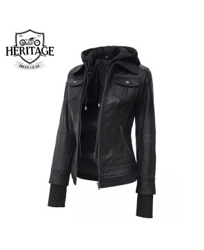 Women's Black Leather Bomber Jacket with Removable Hood