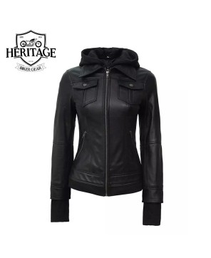 Women's Black Leather Bomber Jacket with Removable Hood