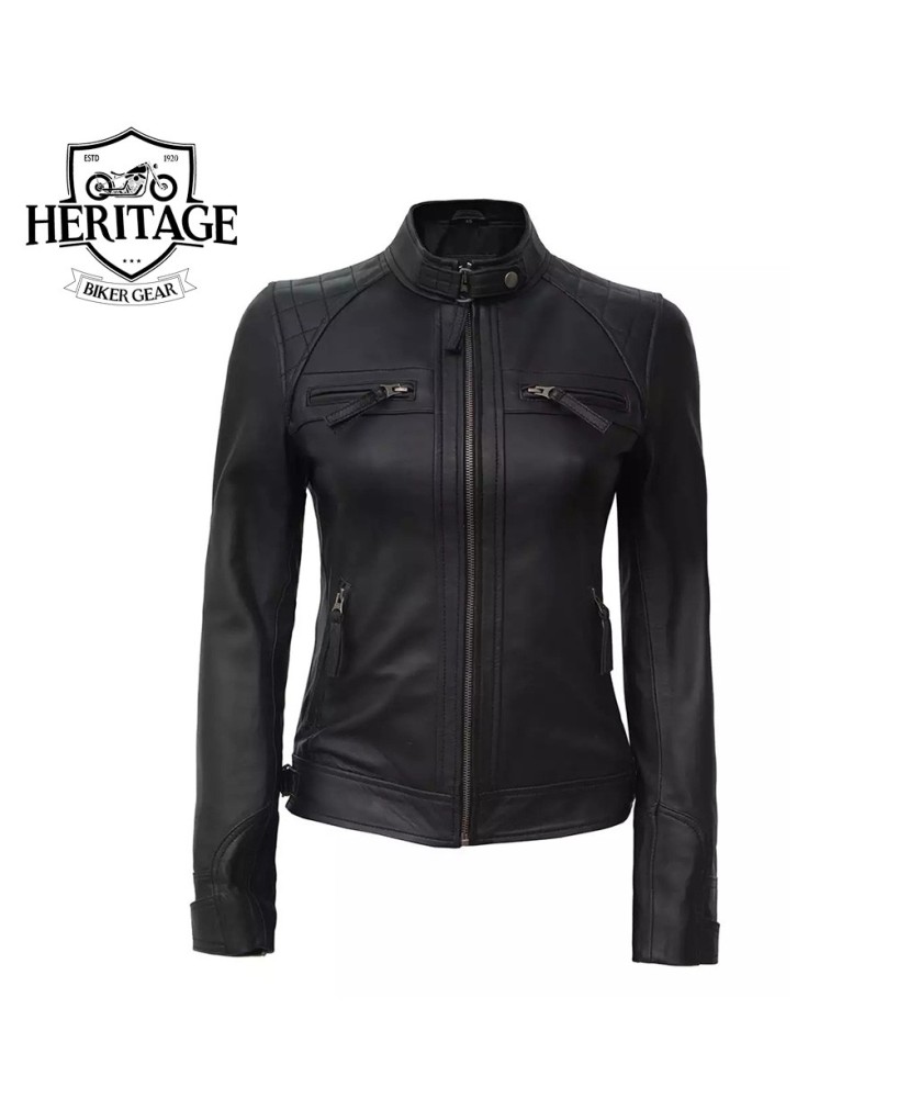 Black Leather Quilted Cafe Racer Jacket - Women's Style