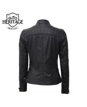 Black Leather Quilted Cafe Racer Jacket - Women's Style