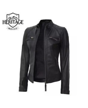 Black Leather Quilted Cafe Racer Jacket - Women's Style