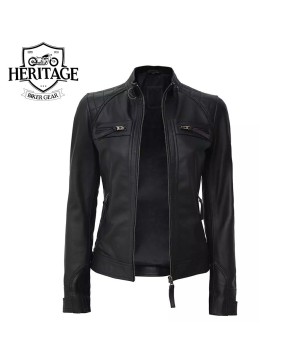 Black Leather Quilted Cafe Racer Jacket - Women's Style