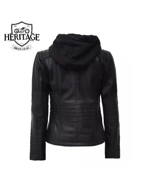 Women's Black Leather Jacket with Removable Hood