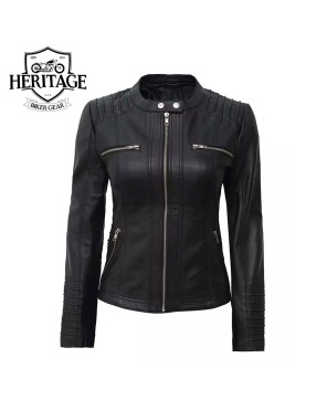 Women's Black Leather Jacket with Removable Hood