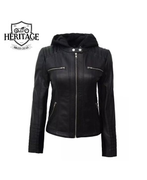 Women's Black Leather Jacket with Removable Hood