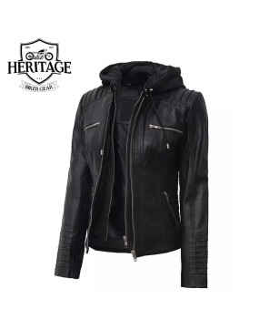 Women's Black Leather Jacket with Removable Hood