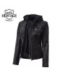 Women's Black Leather Jacket with Removable Hood