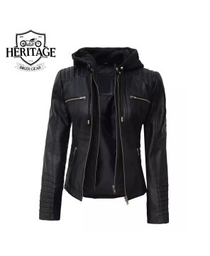 Women's Black Leather Jacket with Removable Hood