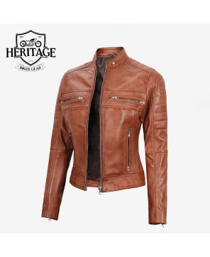 Tan Cafe Racer Leather Jacket | Women's Lambskin Biker Style