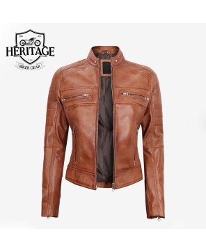 Tan Cafe Racer Leather Jacket | Women's Lambskin Biker Style