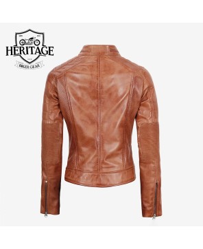 Tan Cafe Racer Leather Jacket | Women's Lambskin Biker Style