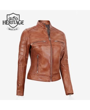 Tan Cafe Racer Leather Jacket | Women's Lambskin Biker Style