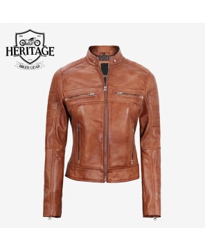 Tan Cafe Racer Leather Jacket | Women's Lambskin Biker Style