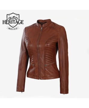 Cognac Leather Biker Jacket: Women's Essential