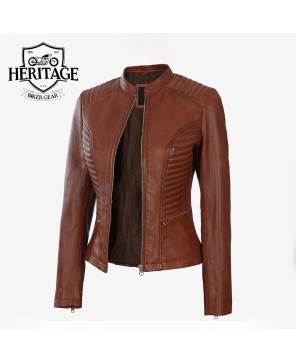 Cognac Leather Biker Jacket: Women's Essential