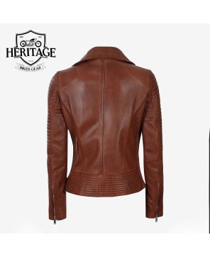 Cognac Brown Asymmetrical Leather Jacket