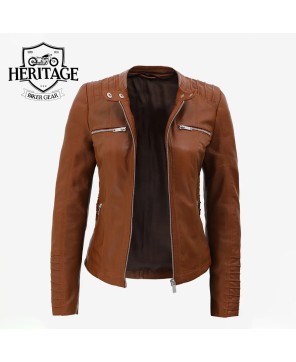 Helen Women's Cognac Leather Jacket with Removable Hood