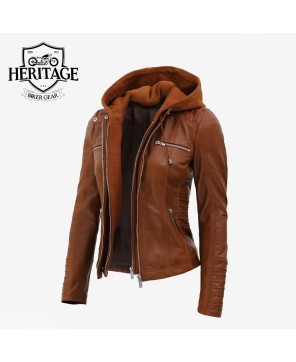 Helen Women's Cognac Leather Jacket with Removable Hood