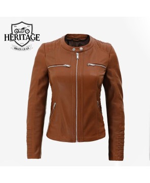 Helen Women's Cognac Leather Jacket with Removable Hood