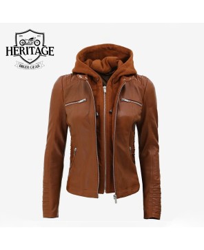 Helen Women's Cognac Leather Jacket with Removable Hood