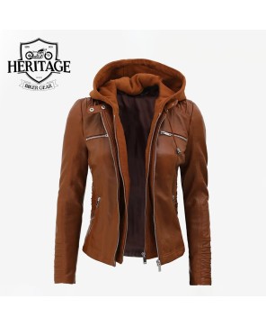 Helen Women's Cognac Leather Jacket with Removable Hood