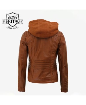 Helen Women's Cognac Leather Jacket with Removable Hood