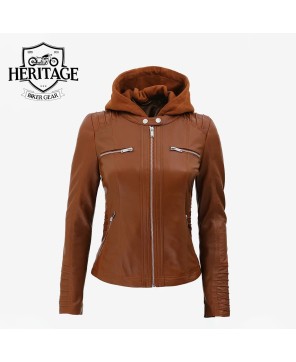 Helen Women's Cognac Leather Jacket with Removable Hood