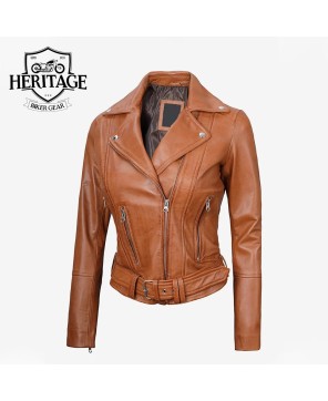 Elisa Women's Asymmetrical Brown Leather Motorcycle Jacket with Belted