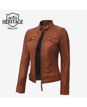 Tan Lambskin Leather Quilted Biker Jacket