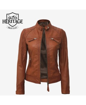 Tan Lambskin Leather Quilted Biker Jacket