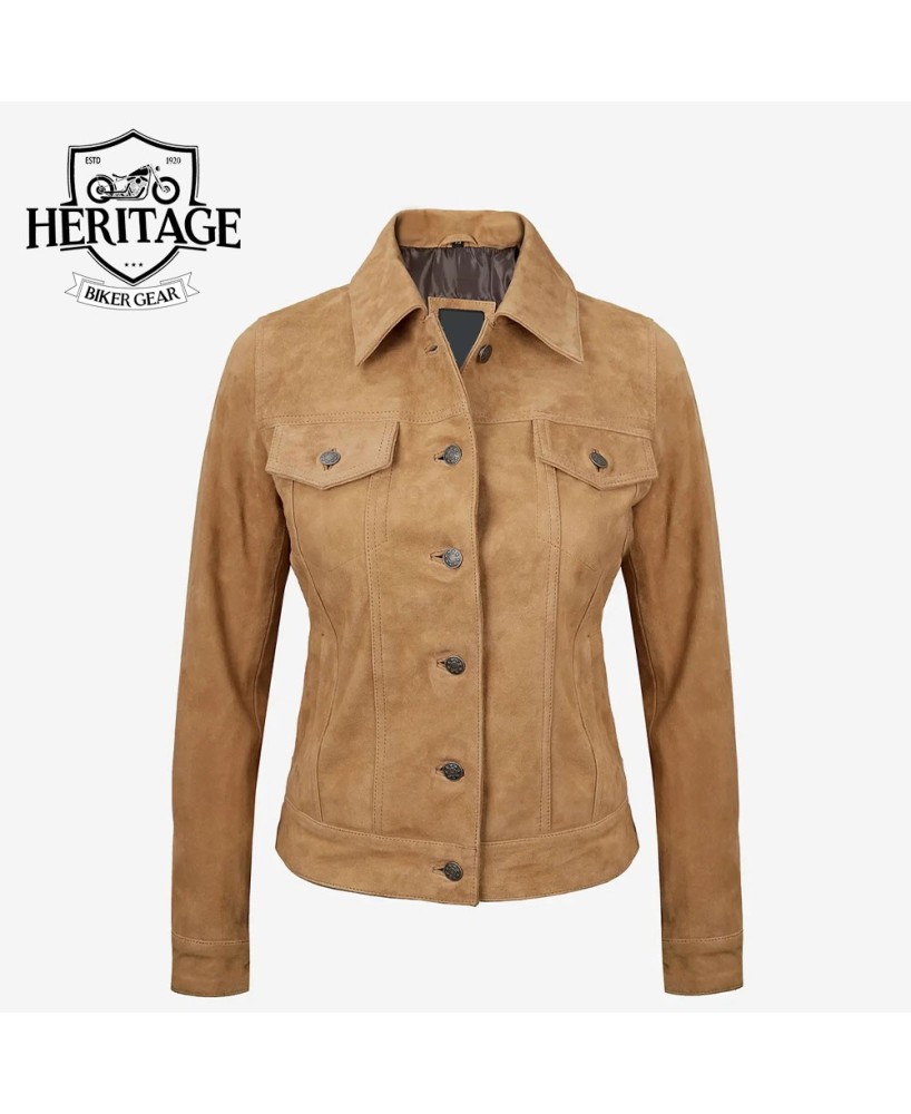 Light Brown Suede Trucker Jacket for Women