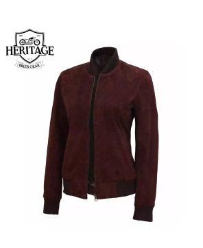 Dark Brown Suede Bomber Jacket for Women