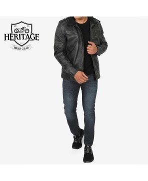 Men's Biker Style Distressed Black Leather Jacket - Real Lambskin