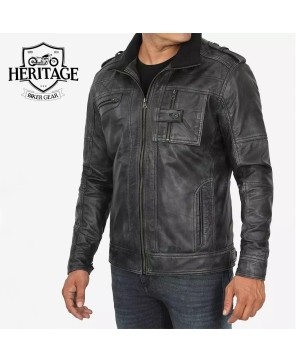 Men's Biker Style Distressed Black Leather Jacket - Real Lambskin