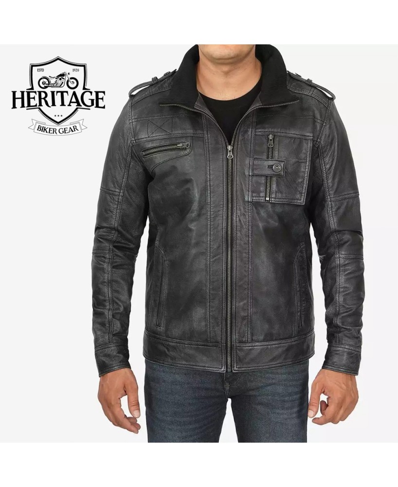 Men's Biker Style Distressed Black Leather Jacket - Real Lambskin