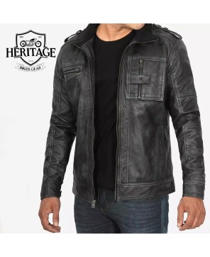 Men's Biker Style Distressed Black Leather Jacket - Real Lambskin