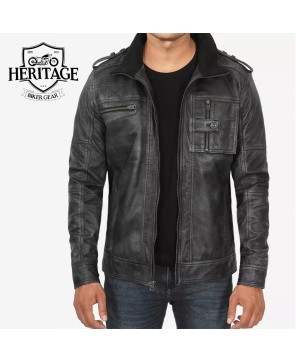 Men's Biker Style Distressed Black Leather Jacket - Real Lambskin