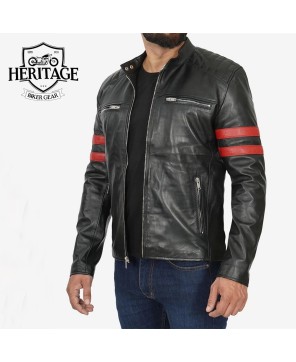 Black Cafe Racer Leather Jacket | Red Striped Biker