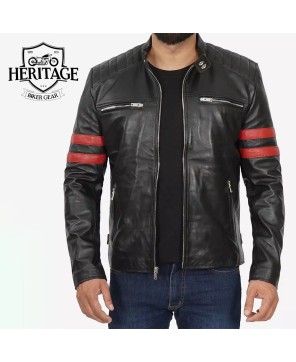 Black Cafe Racer Leather Jacket | Red Striped Biker