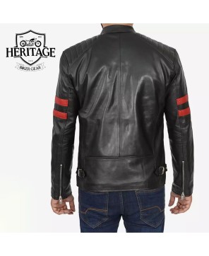 Black Cafe Racer Leather Jacket | Red Striped Biker