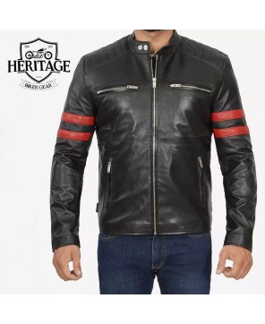 Black Cafe Racer Leather Jacket | Red Striped Biker