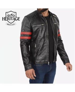 Black Cafe Racer Leather Jacket | Red Striped Biker