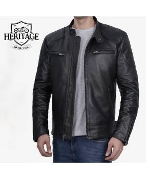 Men's Black Leather Cafe Racer Jacket