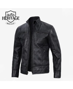 Dark Gray Men's Leather Moto Jacket - Top Quality