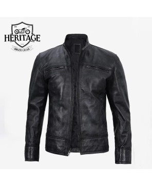 Dark Gray Men's Leather Moto Jacket - Top Quality