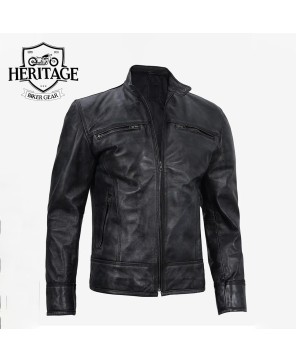 Dark Gray Men's Leather Moto Jacket - Top Quality