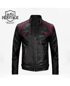 Black & Maroon Biker Leather Jacket